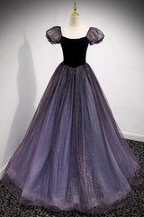 Purple Scoop Tulle Long A-Line Prom Dress, Lovely Short Sleeve Evening Dress