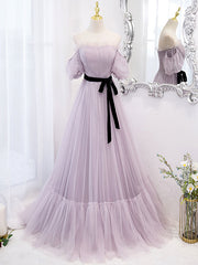 Purple tulle A line long prom dress, purple bridesmaid dress