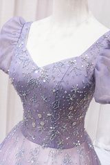 Purple Tulle Beaded Long Formal Dress, Cute A-Line Evening Dress