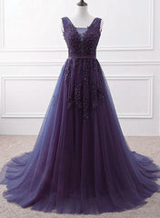 Purple Tulle Beaded Long Formal Party Dress, Dark Purple Evening Dress