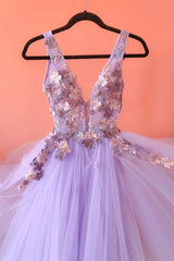 Purple Tulle Lace Long A-Line Prom Dress, V-Neck Evening Party Dress