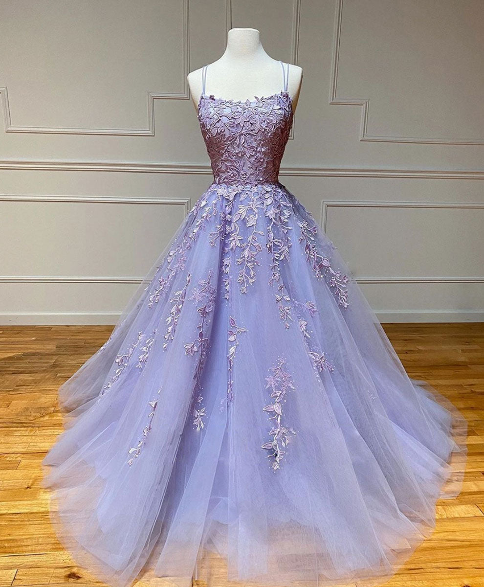 Purple Tulle Lace Long Prom Gown, Lace Tulle Purple Graduation Dresses