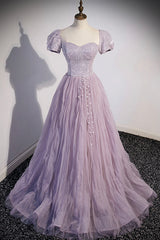 Purple Tulle Long A-Line Prom Dress, Purple Short Sleeve Evening Party Dress