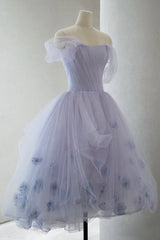 Purple Tulle Short A-Line Prom Dress, Cute Off the Shoulder Party Dress