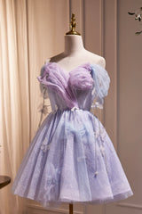 Purple Tulle Short Party Dress, Cute A-Line Off Shoulder Prom Dress