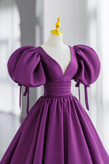 Purple V-Neck Satin Long Formal Evening Dress, A-Line Puff Sleeve Party Dress