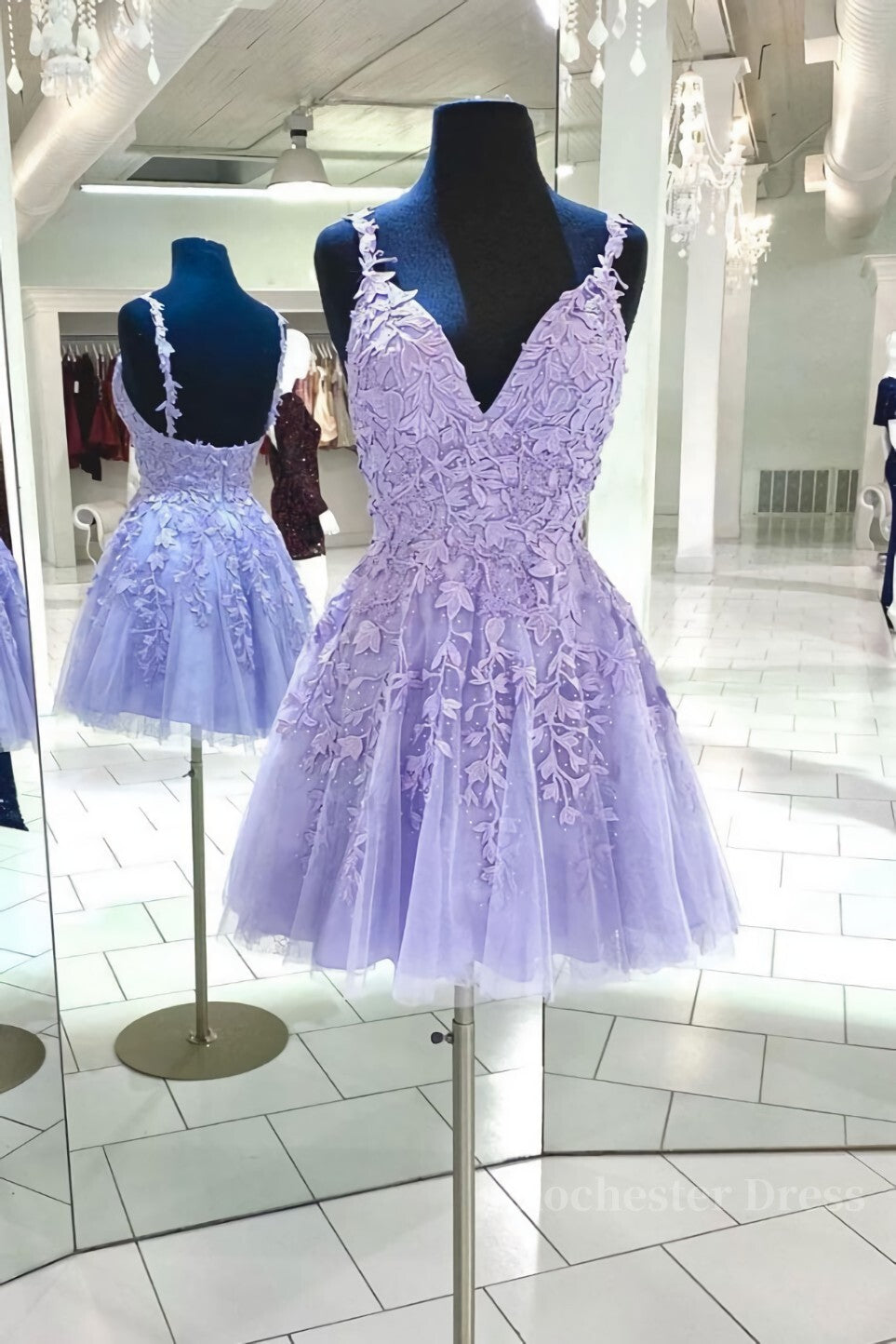 Purple v neck tulle lace short prom dress lace cocktail dress