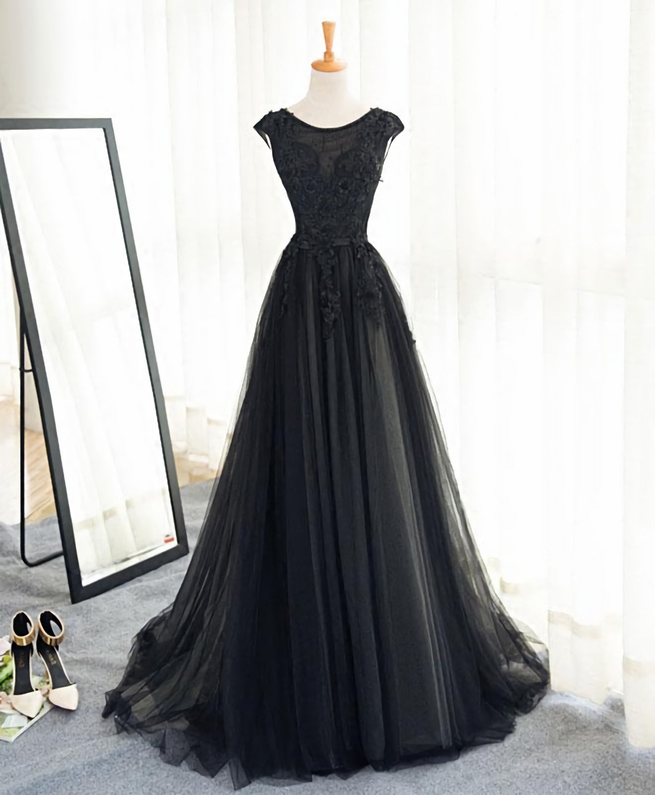 Black A Line Tulle Lace Long Prom Dress, Evening Dress