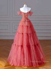 Red Aline Tulle Long Prom Dresses, Red Tulle Formal Graduation Dresses With Beading Sequin