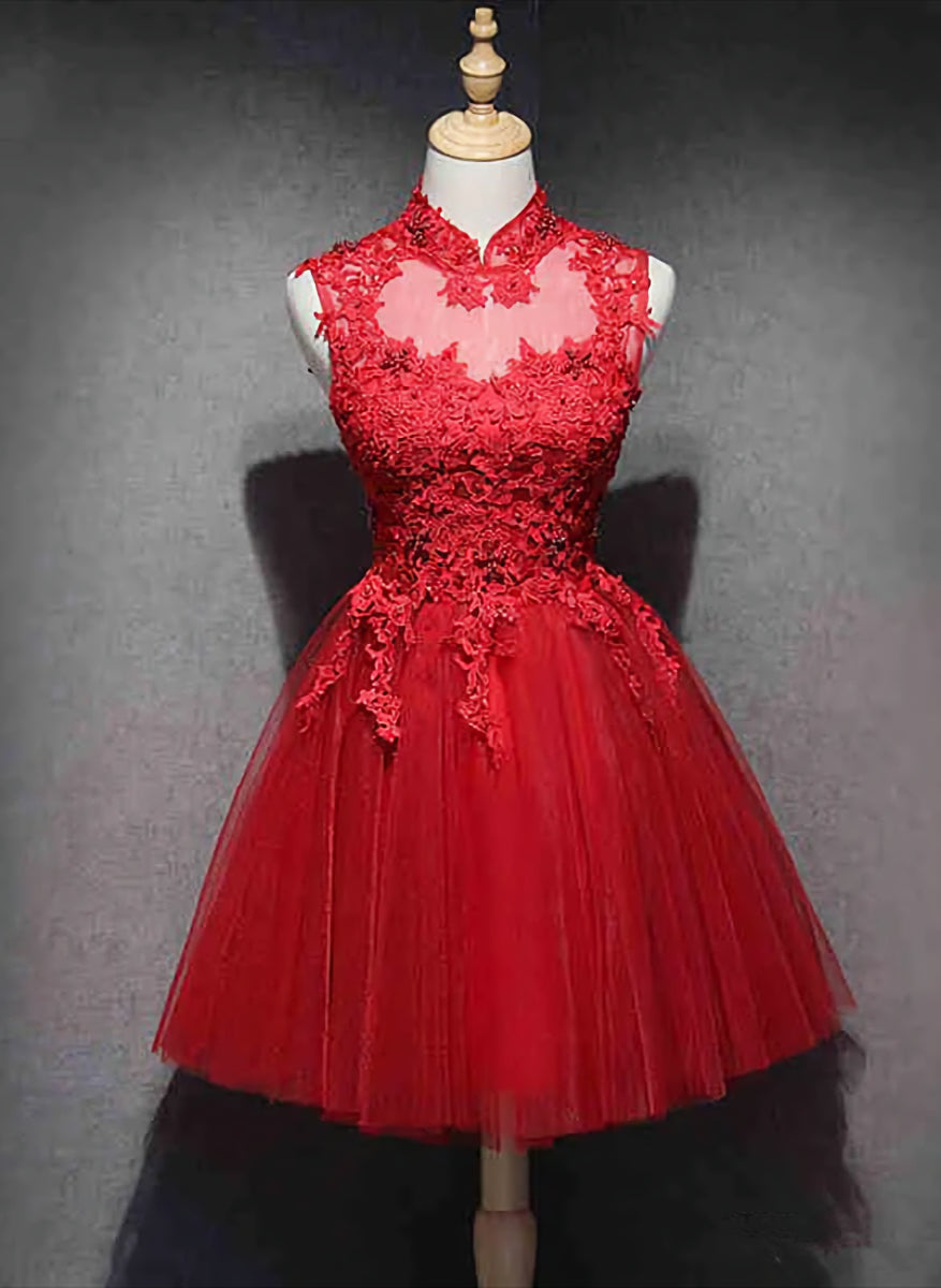 Red Lace High Neckline Tulle Short Homecoming Dress Party Dress, Red Formal Dresses