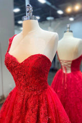 Red Lace Long A-Line Prom Dress, One Shoulder Evening Dress