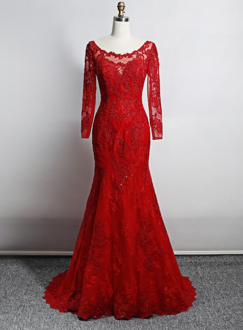 Red Lace Mermaid Long Sleeves Evening Gown, Red Lace Wedding Party Dress