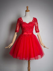 Red Lace Short Sleeves Tulle Knee Length Party Dresses, Red Short Formal Dresses