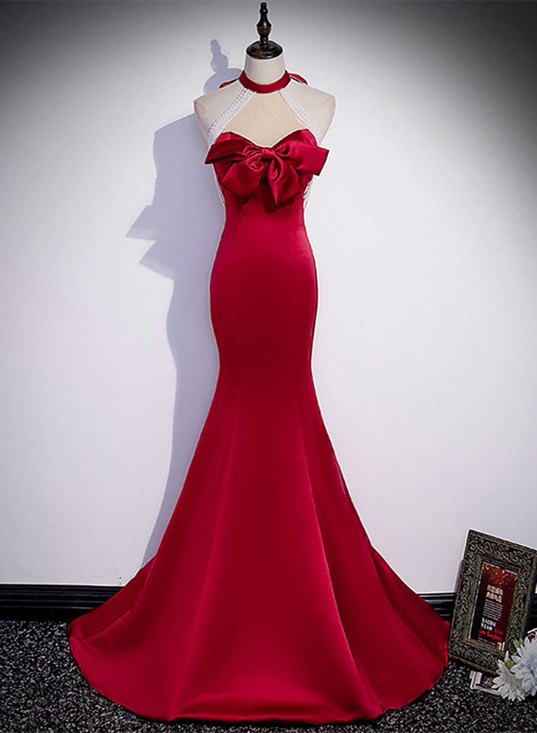 Red Mermaid Satin Long Party Dress Formal Dress, Lace-up Red Prom Dress