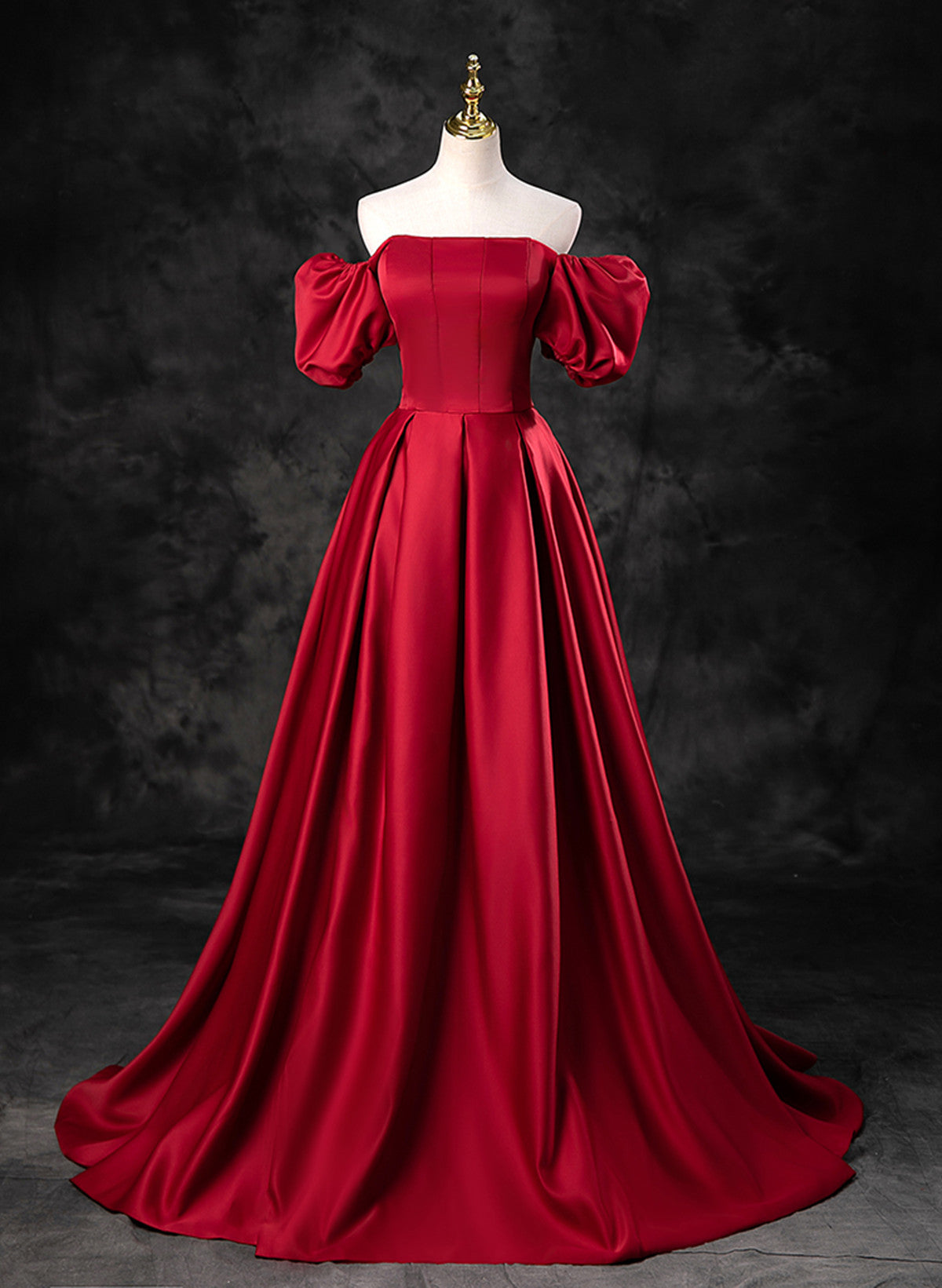 Red Satin A-line Short Sleeves Long Prom Dress, Red Long Formal Dress Evening Dress