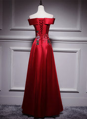 Red Satin Long A-line Prom Dress Off Shoulder Party Dress, Red Bridesmaid Dress