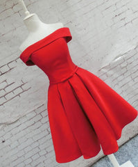 Red Satin Short Party Dress, Red Off Shoulder Homecoming Dress