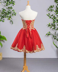 Red Sweetheart Tulle Short Homecoming Dress with Gold Applique, Short Formal Dresses