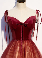 Red Sweetheart Velvet and Tulle Straps Long Party Dress, Gradient Tulle A-line Prom Dress