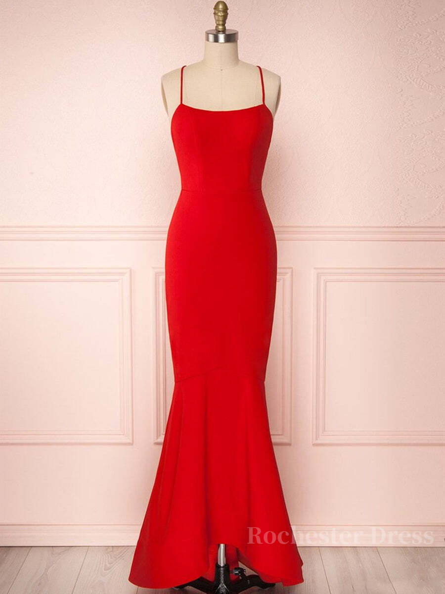 Red Thin Straps Mermaid Backless Long Prom Dresses, Red Mermaid Formal Dresses, Red Evening Dresses