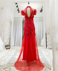 Red Tulle Lace Long Prom Dress, Red Lace Tulle Formal Dress