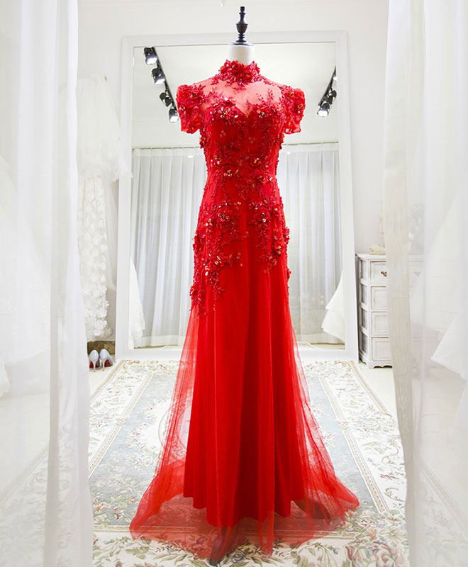 Red Tulle Lace Long Prom Dress, Red Lace Tulle Formal Dress