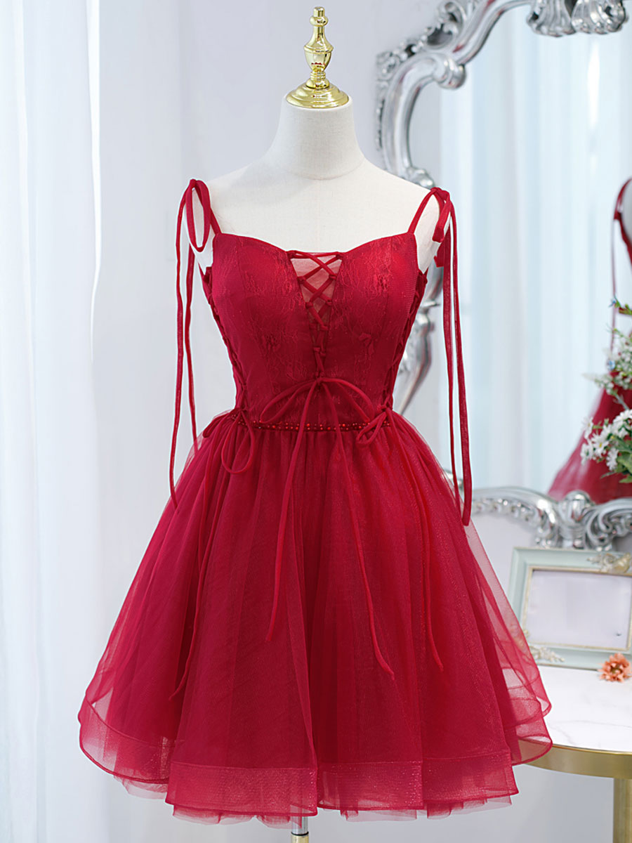 Red Tulle Lace Short Prom Dress Red Lace Puffy Homecoming Dress