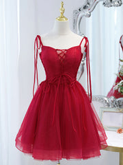 Red Tulle Lace Short Prom Dress Red Lace Puffy Homecoming Dress