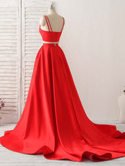 Red Two Pieces Satin Long Prom Dress Simple Red Evening Dress