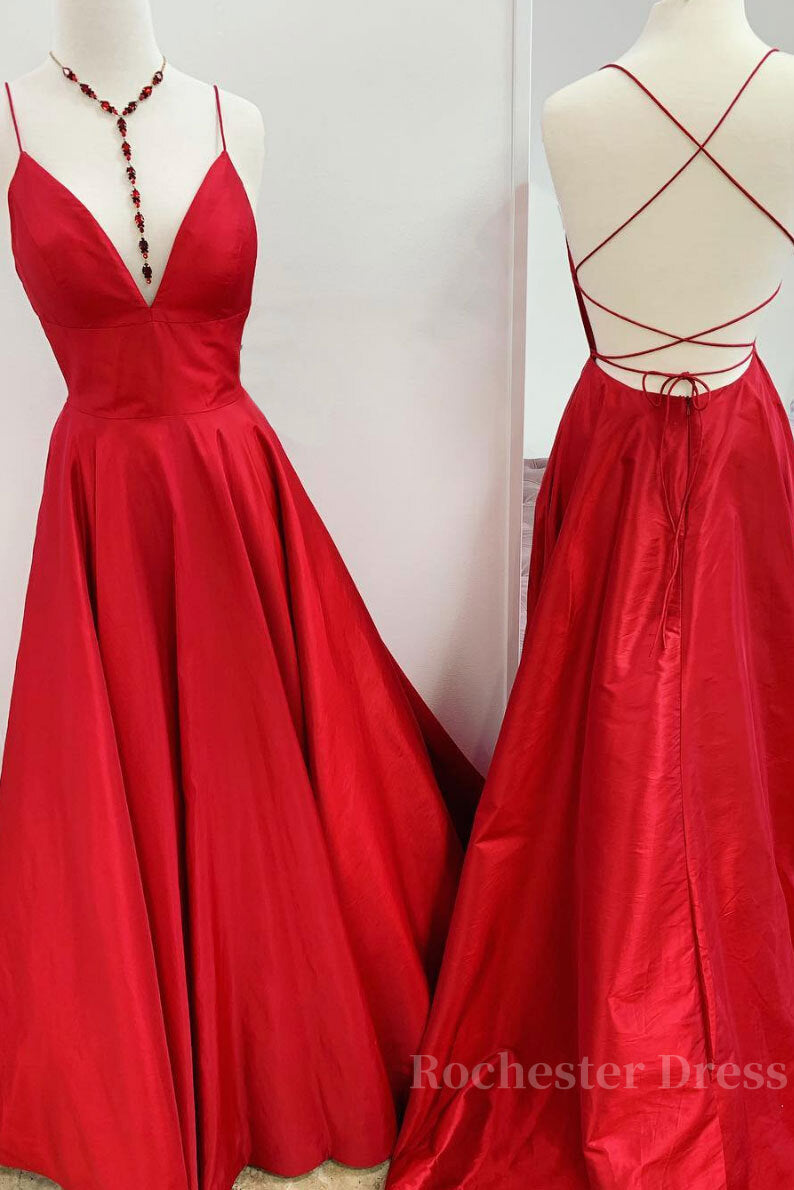 Red v neck backless satin long prom dress red evening dress