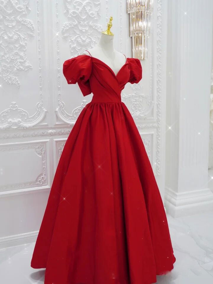 Red V Neck Satin Long Prom Dress, Red Formal Evening Dresses