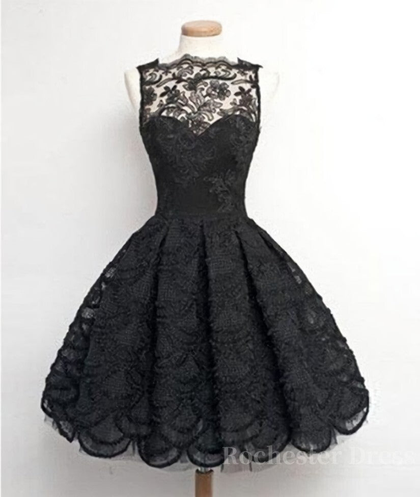 Retro A-line Black Lace Sleeveless Open Back Short Prom Dresses, Homecoming Dresses