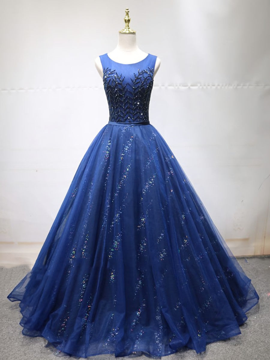 Round Neck Dark Navy Blue Long Prom Dresses with Corset Back, Navy Blue Formal Evening Dresses