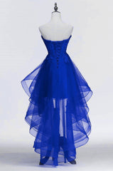 Royal Blue Tulle with Lace Applique High Low Party Dress, Blue Homecoming Dress