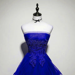 Royal Blue Tulle with Lace Applique High Low Party Dress, Blue Homecoming Dress