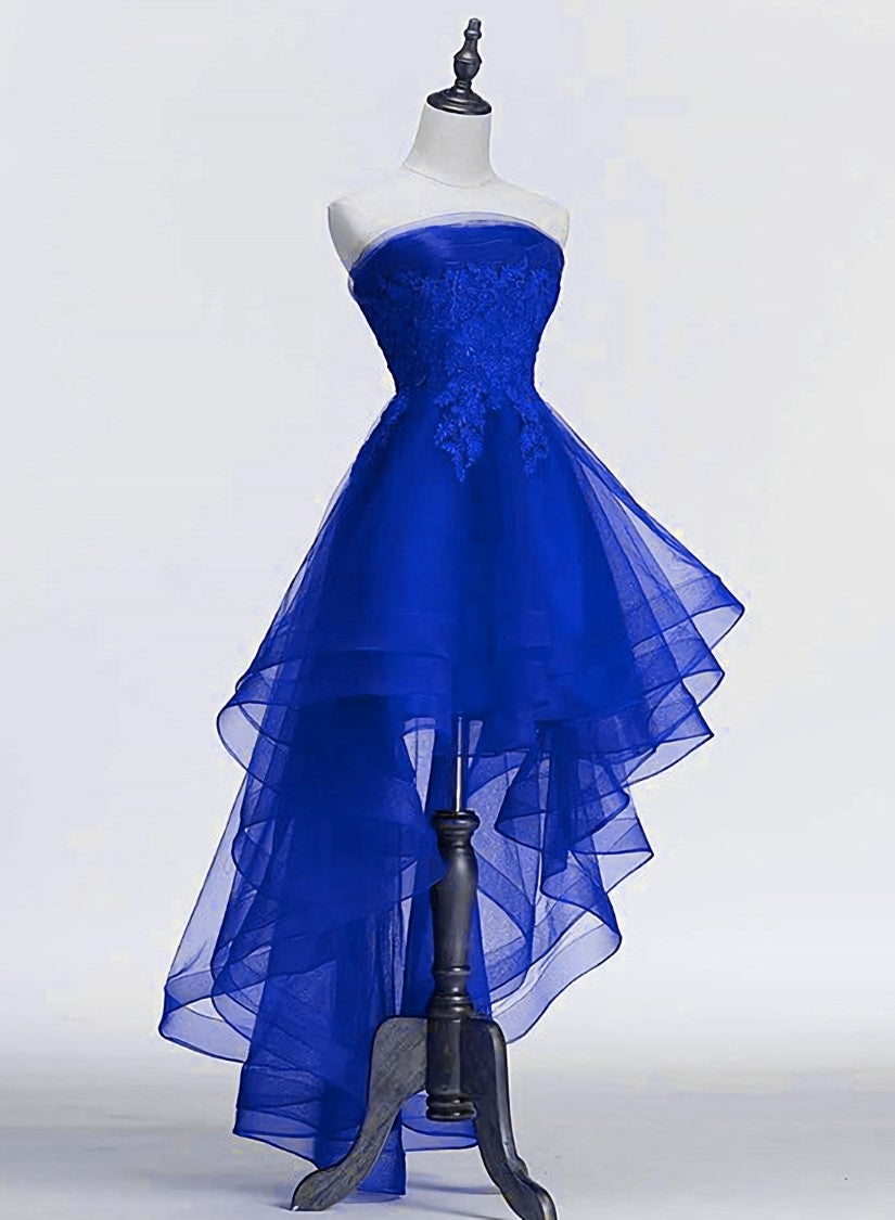 Royal Blue Tulle with Lace Applique High Low Party Dress, Blue Homecoming Dress