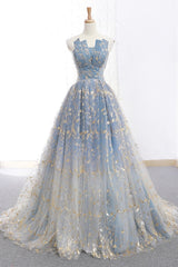 Elegant A Line Blue Tulle Long Strapless Lace Up Gold Evening Dress, Prom Dresses, Js223