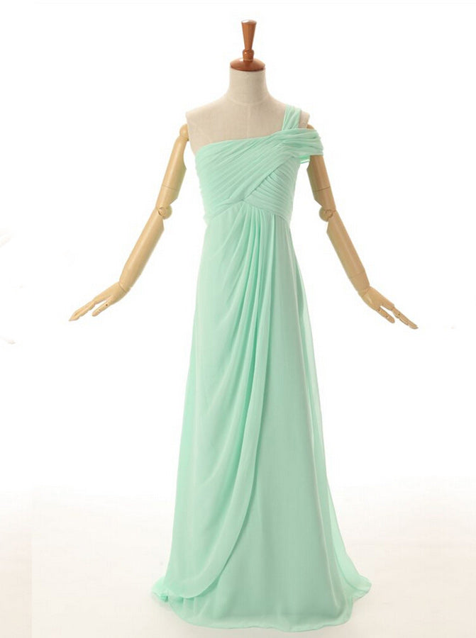 A-Line One Shoulder Floor Length Mint Green Bridesmaid Dress