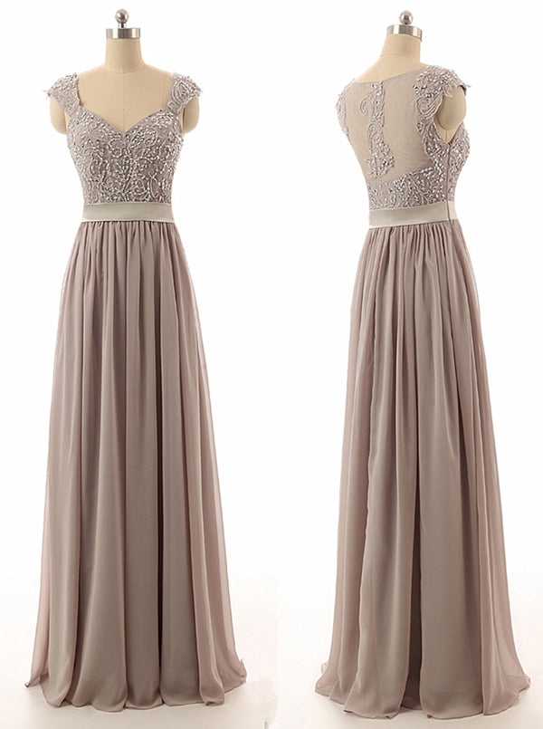 Hot Selling Cap Sleeves Beaded Floor Length Taupe Bridesmaid Dress