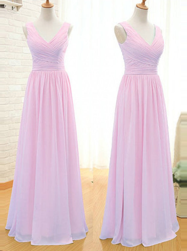 Simple A-Line V Neck Floor Length Pink Chiffon Bridesmaid Dress