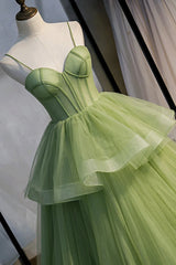 Sage Green Corset Long Prom Dress, Long Green Tulle Party Dress Evening Dresses