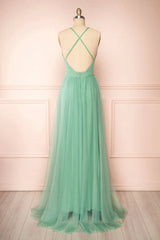 Sage Green V-Neck Tulle Long Prom Dress, Simple Backless Evening Dress