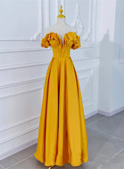 Satin Dark Yellow Off Shoulder Party Dress, A-line Satin Prom Dress