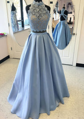 Satin Prom Dress A Line Princess High Neck Long Floor Length With Lace