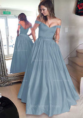 Satin Prom Dress A Line Princess Off The Shoulder Long Floor Length With Beaded