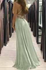 Satin Sage Green Prom Dress Beach Maxi Women Dress, Straps Evening Cheap Bridesmaid Dresses