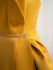 Scoop Neckline Satin Yellow Long Prom Dresses, Yellow Formal with Beading Sequin