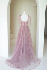 Scoop Neckline Tulle Pink Long Prom Dress, Cute A-Line Evening Party Dress