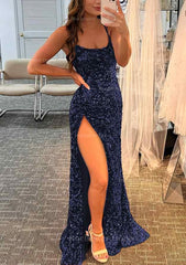 Sheath Column Bateau Spaghetti Straps Long Floor Length Velvet Sequins Prom Dress With Split