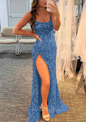 Sheath Column Bateau Spaghetti Straps Long Floor Length Velvet Sequins Prom Dress With Split